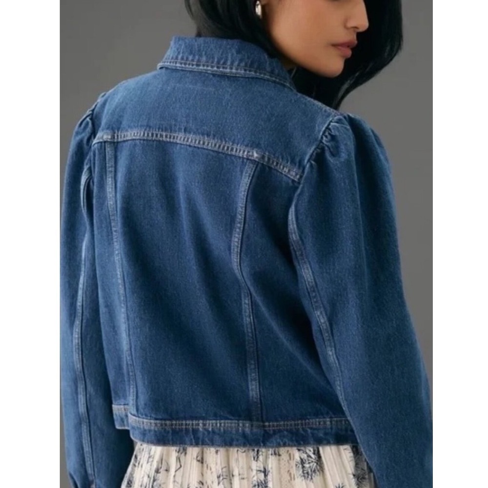 Pilcro Denim Jacket Blue Puff-Sleeve Button-Up Cropped Medium - Picture 6 of 12